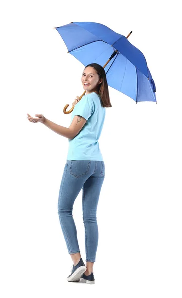 Beautiful Young Woman Umbrella White Background — Stock Photo, Image