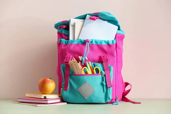 School Backpack Stationery Apple Table — Stock Photo, Image