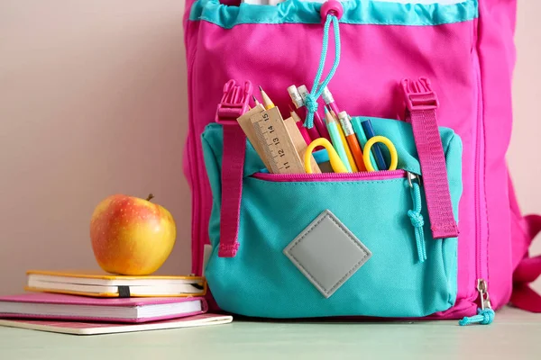 School Backpack Stationery Apple Table Closeup — Stock Photo, Image