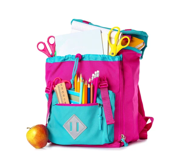 School Backpack Stationery Apple White Background — Stock Photo, Image