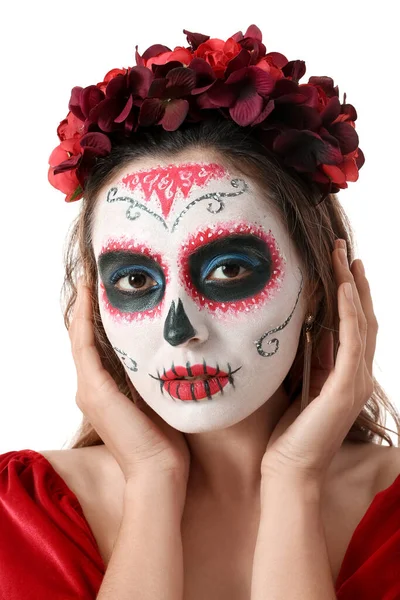 Young Woman Painted Skull Her Face White Background Celebration Mexico — Stock Photo, Image