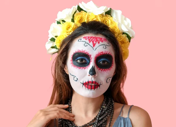 Young Woman Painted Skull Her Face Color Background Celebration Mexico — Stock Photo, Image