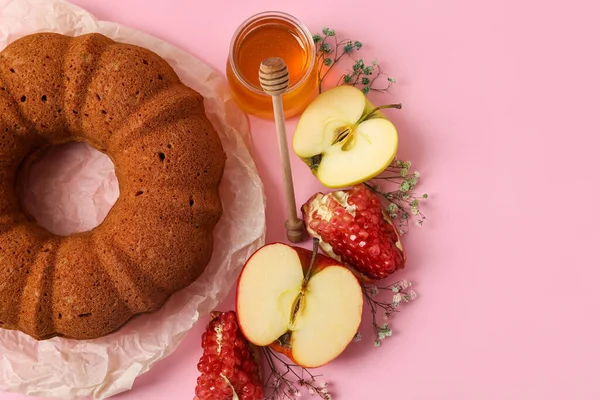 Bread Honey Pomegranate Apple Color Background Rosh Hashanah Jewish New — Stock Photo, Image