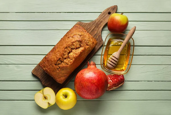 Kenyér Mézzel Gránátalma Alma Színes Háttér Rosh Hashanah Zsidó Újév — Stock Fotó