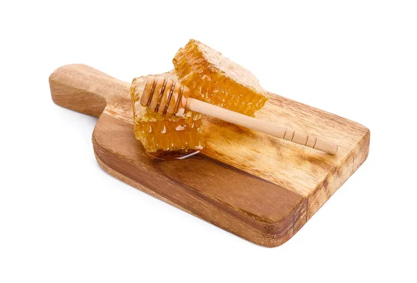 Wooden Board Honey Combs Dipper White Background — Stock Photo, Image