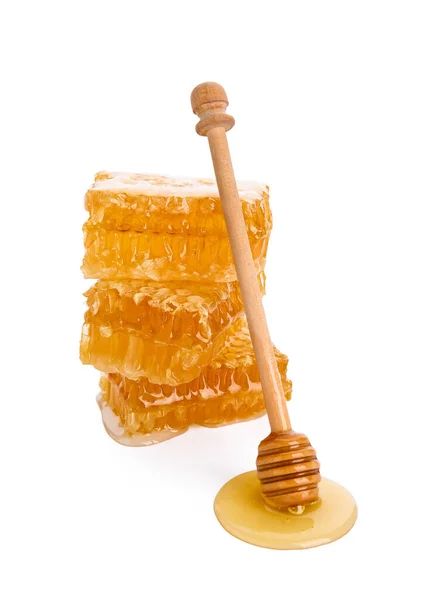 Biologische Honing Kammen Dipper Witte Achtergrond — Stockfoto