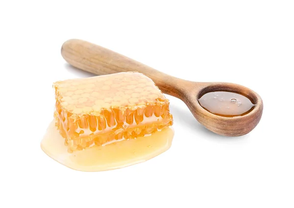 Organic Honey Comb Spoon White Background — Stock Photo, Image