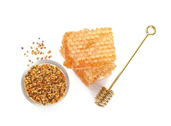 Bowl Bee Pollen Honey Combs White Background — Stock Photo, Image