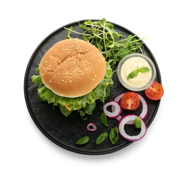 Plate Tasty Vegetarian Burger Sauce White Background — Stock Photo, Image