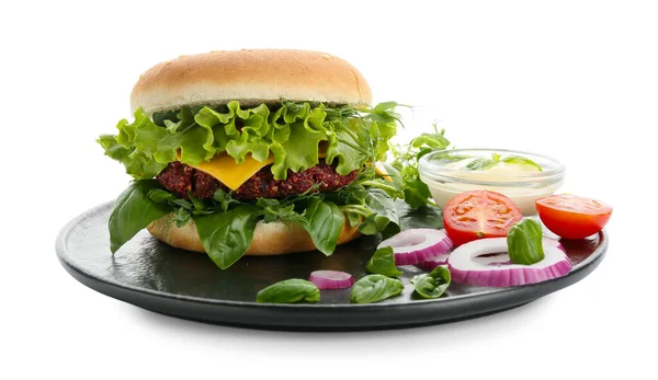 Assiette Avec Hamburger Végétarien Savoureux Sauce Sur Fond Blanc — Photo
