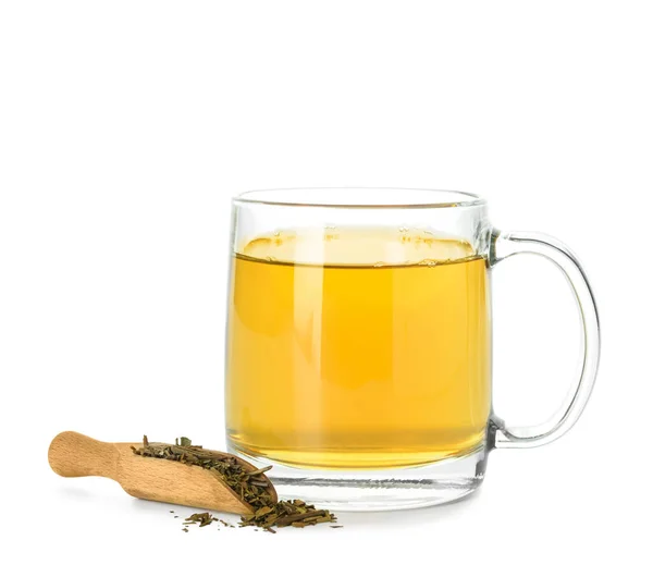 Taza Cuchara Con Verde Hojicha Seco Sobre Fondo Blanco — Foto de Stock