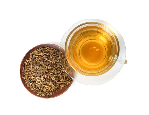 Tefat Med Torr Hojicha Grönt Och Kopp Varm Dryck Vit — Stockfoto