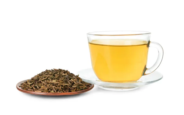 Platillo Con Verde Hojicha Seco Taza Bebida Caliente Sobre Fondo — Foto de Stock