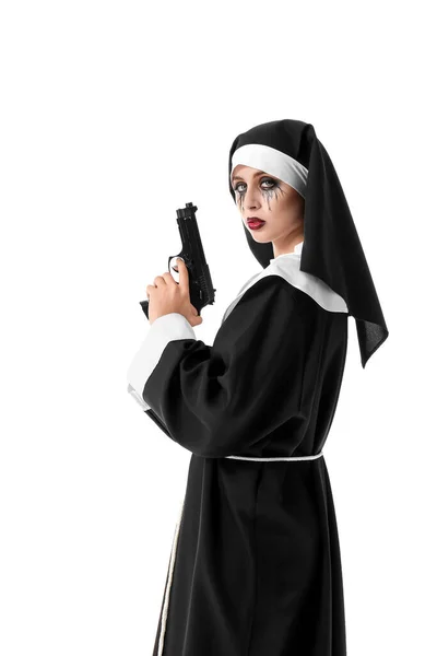 Mujer Vestida Para Halloween Como Monja Con Pistola Sobre Fondo —  Fotos de Stock