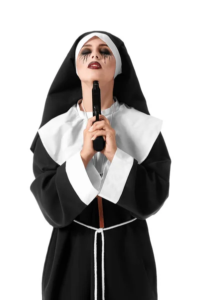 Woman Dressed Halloween Nun Gun White Background — Stock Photo, Image