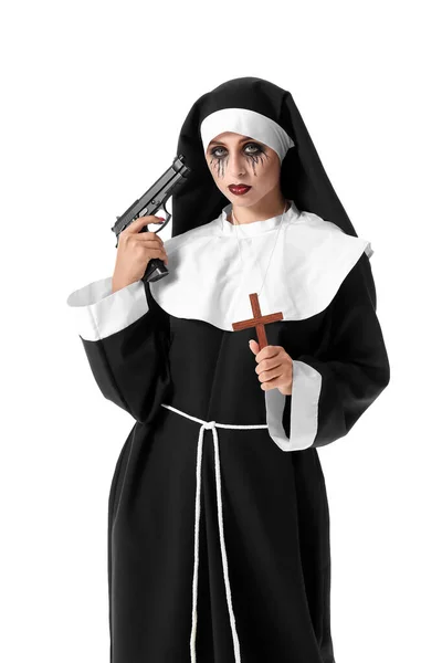 Woman Dressed Halloween Nun Gun White Background — Stock Photo, Image