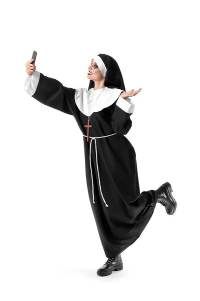 Woman Dressed Nun Halloween Taking Selfie White Background — Stock Photo, Image