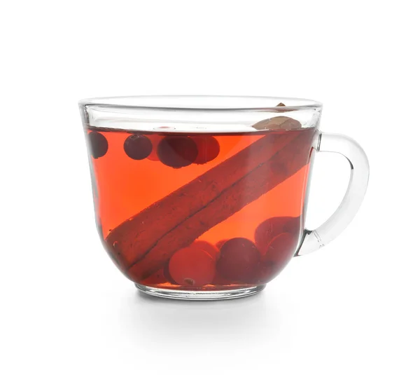 Cup Tasty Tea Cranberry White Background — Stock Photo, Image