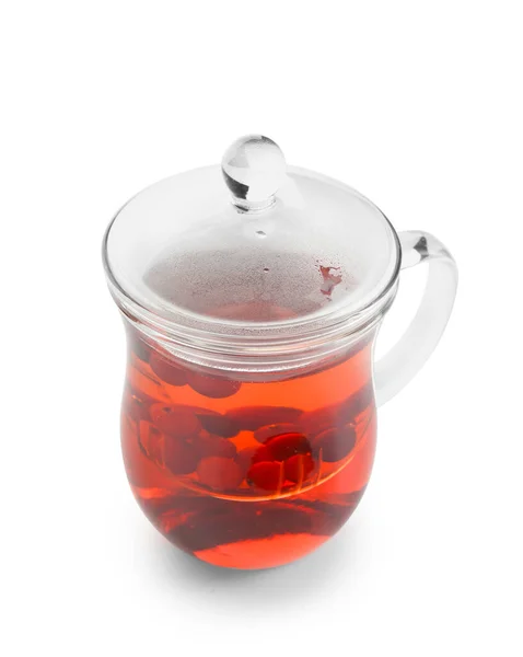Cup Tasty Tea Cranberry White Background — Stock Photo, Image