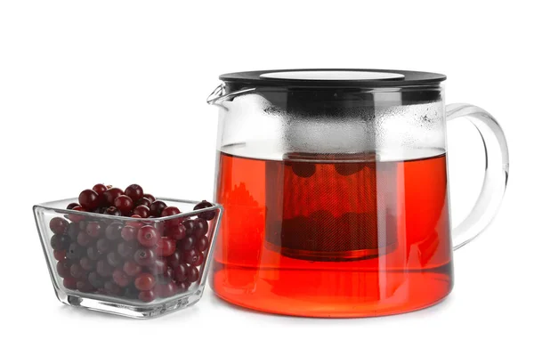 Teapot Tasty Tea Cranberry White Background — Stock Photo, Image