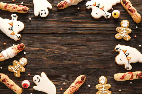 Frame Made Tasty Cookies Halloween Celebration Wooden Background — Stock Photo, Image