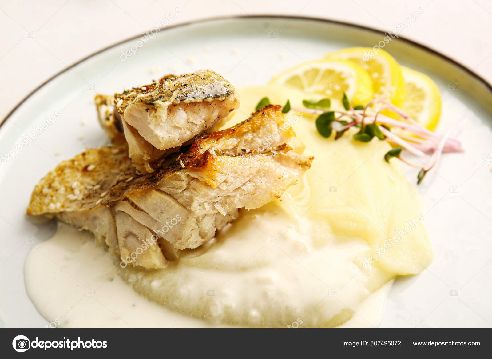 Plate Tasty Baked Cod Fillet Sauce Mashed Potatoes Light Background