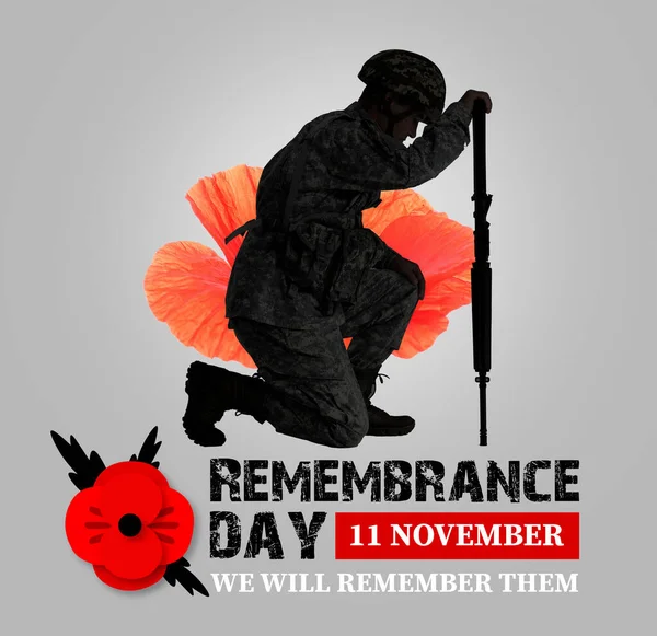 Silhouette Soldier Mourning His Dead Comrade Grey Background Remembrance Day — Stock Photo, Image