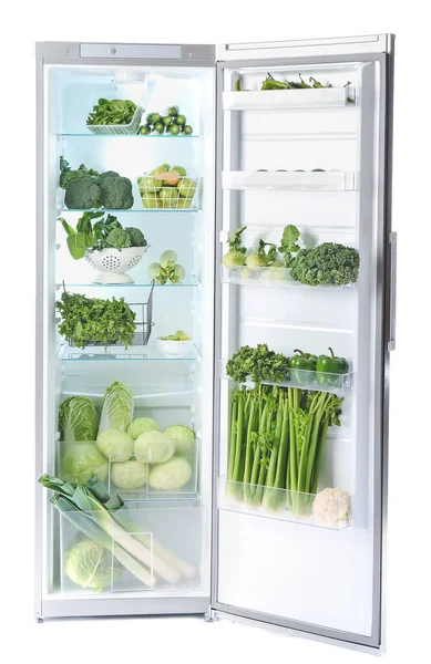 Open Refrigerator Full Green Vegetables White Background — Stock Photo, Image