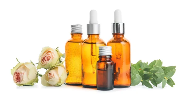 Bottles Healthy Essential Oils White Background — Stock Photo, Image