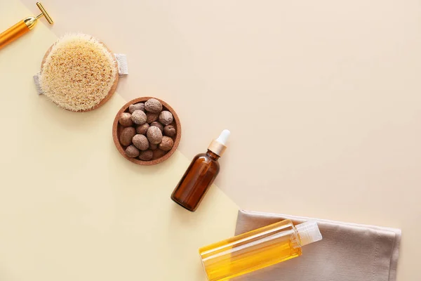 Bottle Nutmeg Essential Oil Massage Tools Light Background — Stock Photo, Image