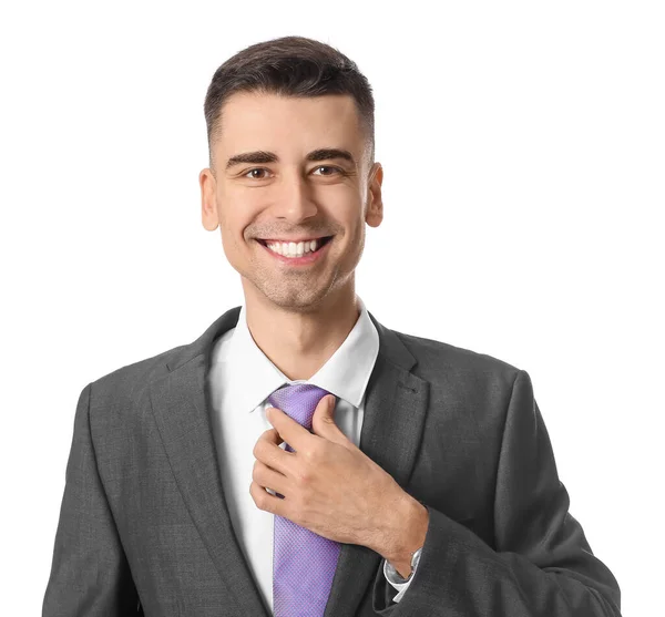 Hombre Joven Guapo Traje Formal Con Estilo Sobre Fondo Blanco — Foto de Stock