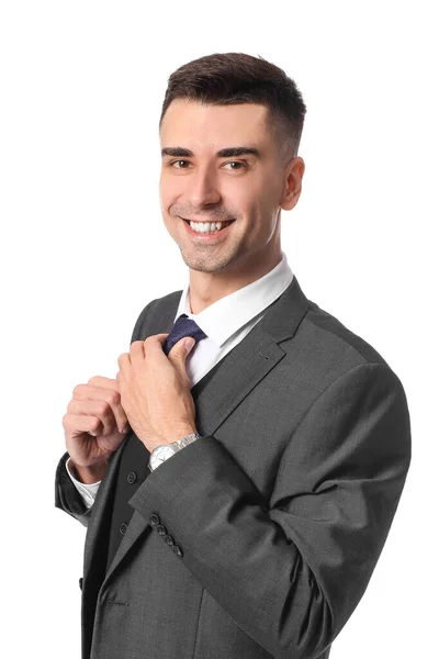 Hombre Joven Guapo Traje Formal Con Estilo Sobre Fondo Blanco —  Fotos de Stock