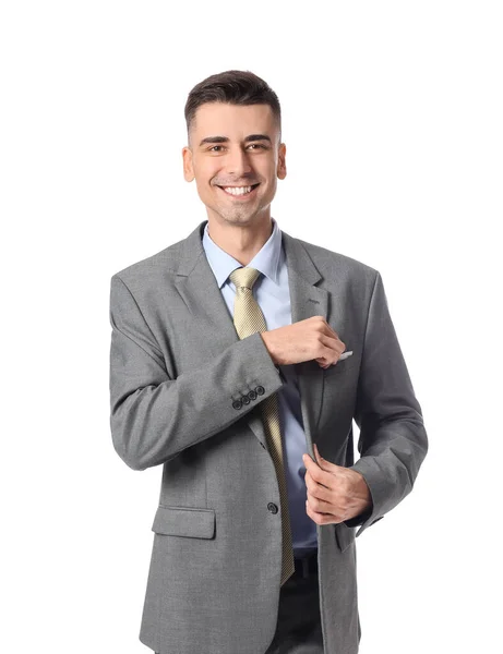 Hombre Joven Guapo Traje Formal Con Estilo Sobre Fondo Blanco — Foto de Stock