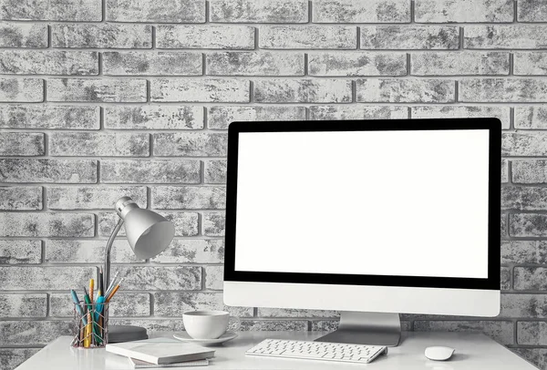 Stylish Workplace Modern Computer Grey Brick Wall — Stock Photo, Image