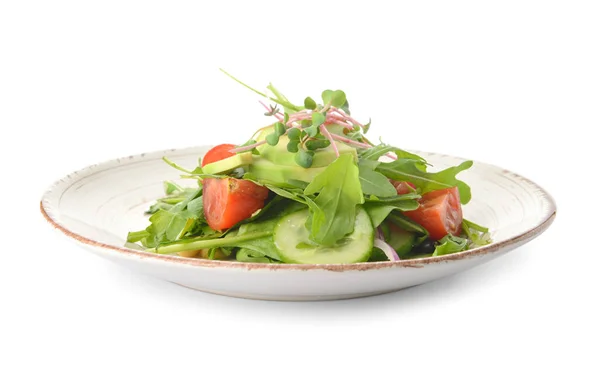 Teller Mit Gesundem Salat Und Avocado Auf Weißem Hintergrund — Stockfoto