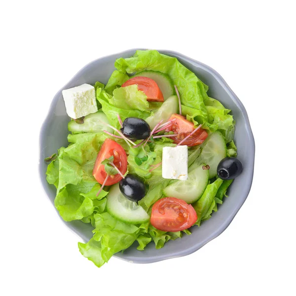 Prato Com Salada Saudável Com Queijo Feta Azeitonas Fundo Branco — Fotografia de Stock