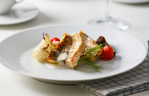 Plate Tasty Baked Cod Fillet Vegetables Sauce Table Restaurant — Stock Photo, Image