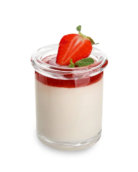 Delicious Homemade Panna Cotta Strawberry Glass White Background — Stock Photo, Image