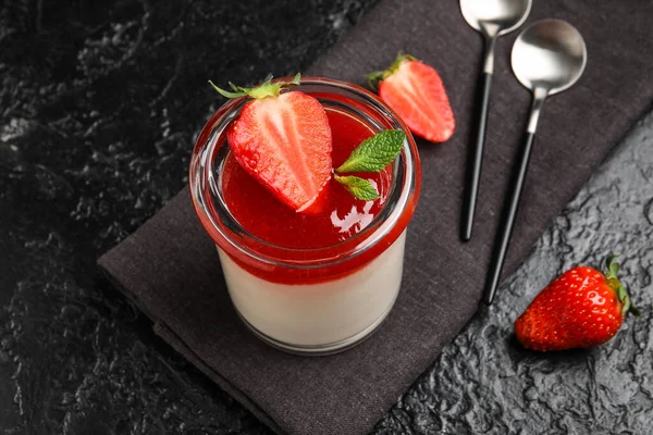 Glass Tasty Strawberry Panna Cotta Black Background — Stock Photo, Image