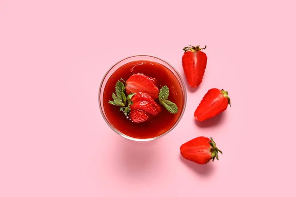 Glass Tasty Strawberry Panna Cotta Pink Background — Stock Photo, Image