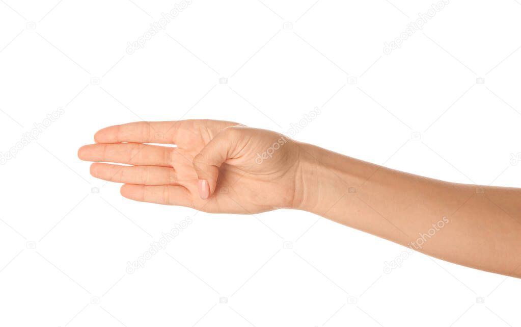 Woman showing four fingers on white background