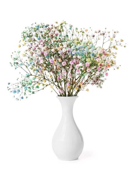 Vaso Com Flores Coloridas Gypsophila Fundo Branco — Fotografia de Stock