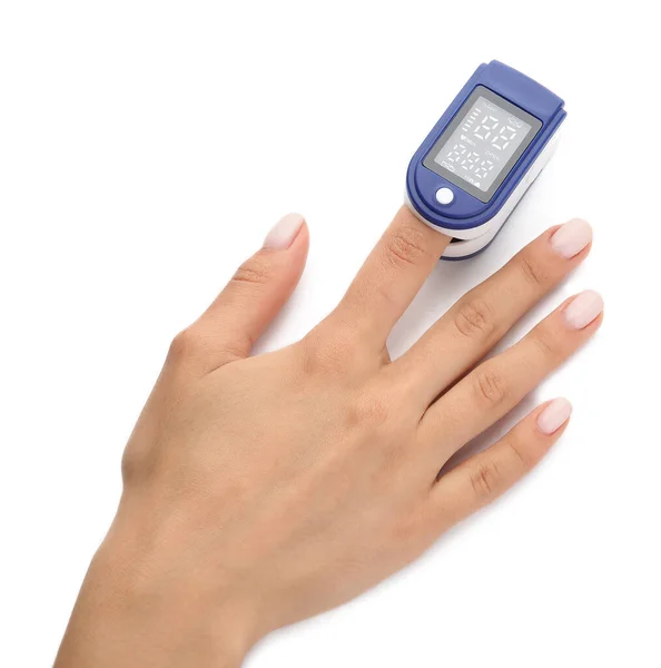 Woman Pulse Oximeter White Background — Stock Photo, Image