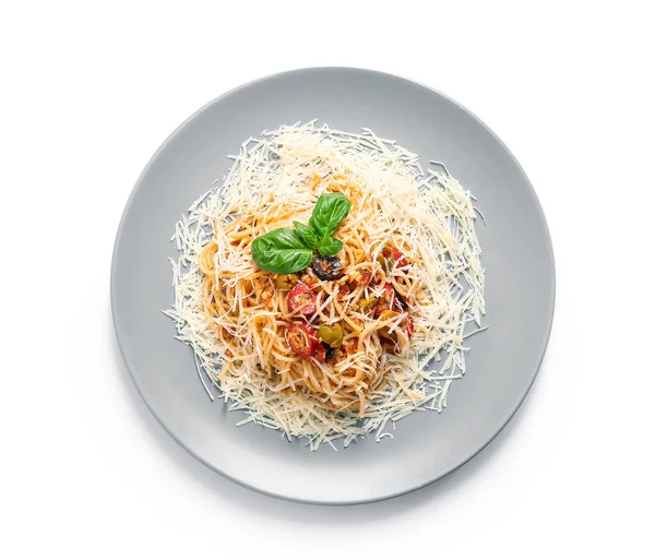 Plate Tasty Pasta Puttanesca White Background — Stock Photo, Image
