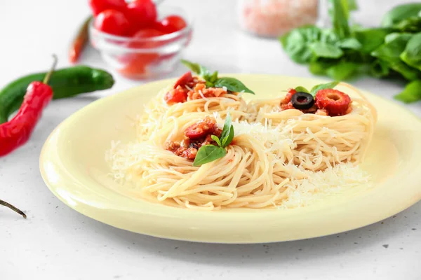 Plate Tasty Pasta Puttanesca White Background — Stock Photo, Image