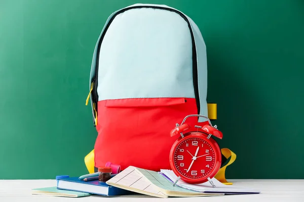 School Backpack Stationery Alarm Clock Table Classroom — Stock Photo, Image