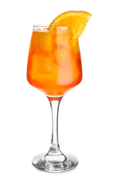 Glass of Aperol spritz cocktail on white background