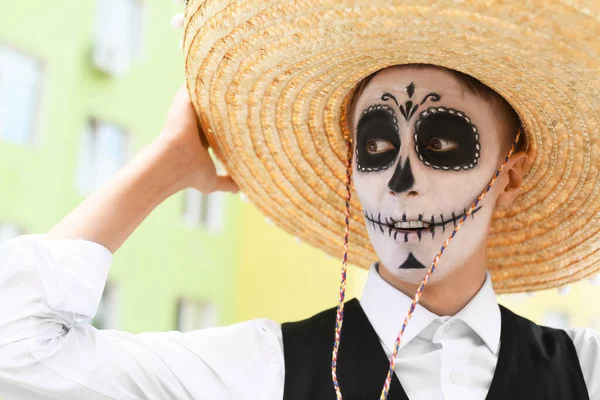 Young Man Painted Skull His Face Outdoors Celebration Mexico Day — Stock Photo, Image