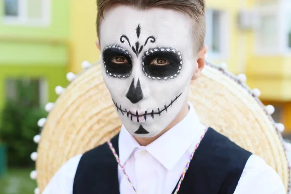 Young Man Painted Skull His Face Outdoors Celebration Mexico Day — Stock Photo, Image