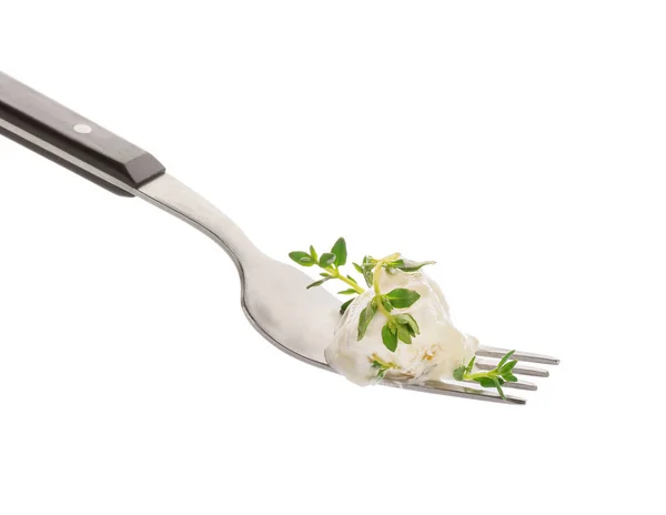 Fork Delicious Gnocchi Creamy Sauce Thyme White Background — Stock Photo, Image